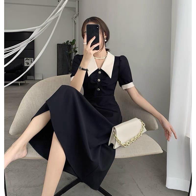 Đầm đen cổ trắng nút trước v2