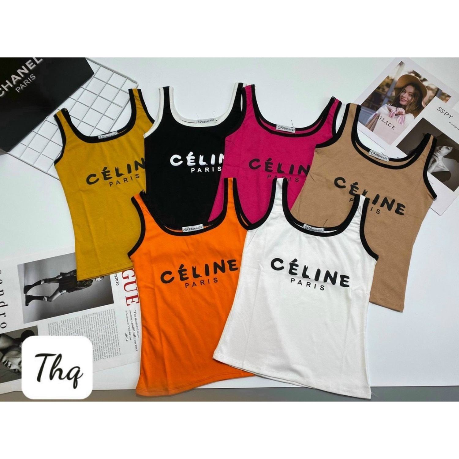 Áo thun ba lỗ viền đen chữ Ce line