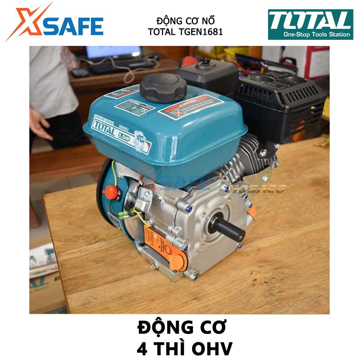 Động cơ nổ TOTAL TGEN1681 đầu nổ dùng xăng Loại động cơ 4 thì, OHV, Đầu ra tối đa 5.5HP, Đường kính trục 20mm, Dung tích xi lanh(ml) 163 biến đổi cơ năng thành điện năng phát điện, hiệu chỉnh điện áp