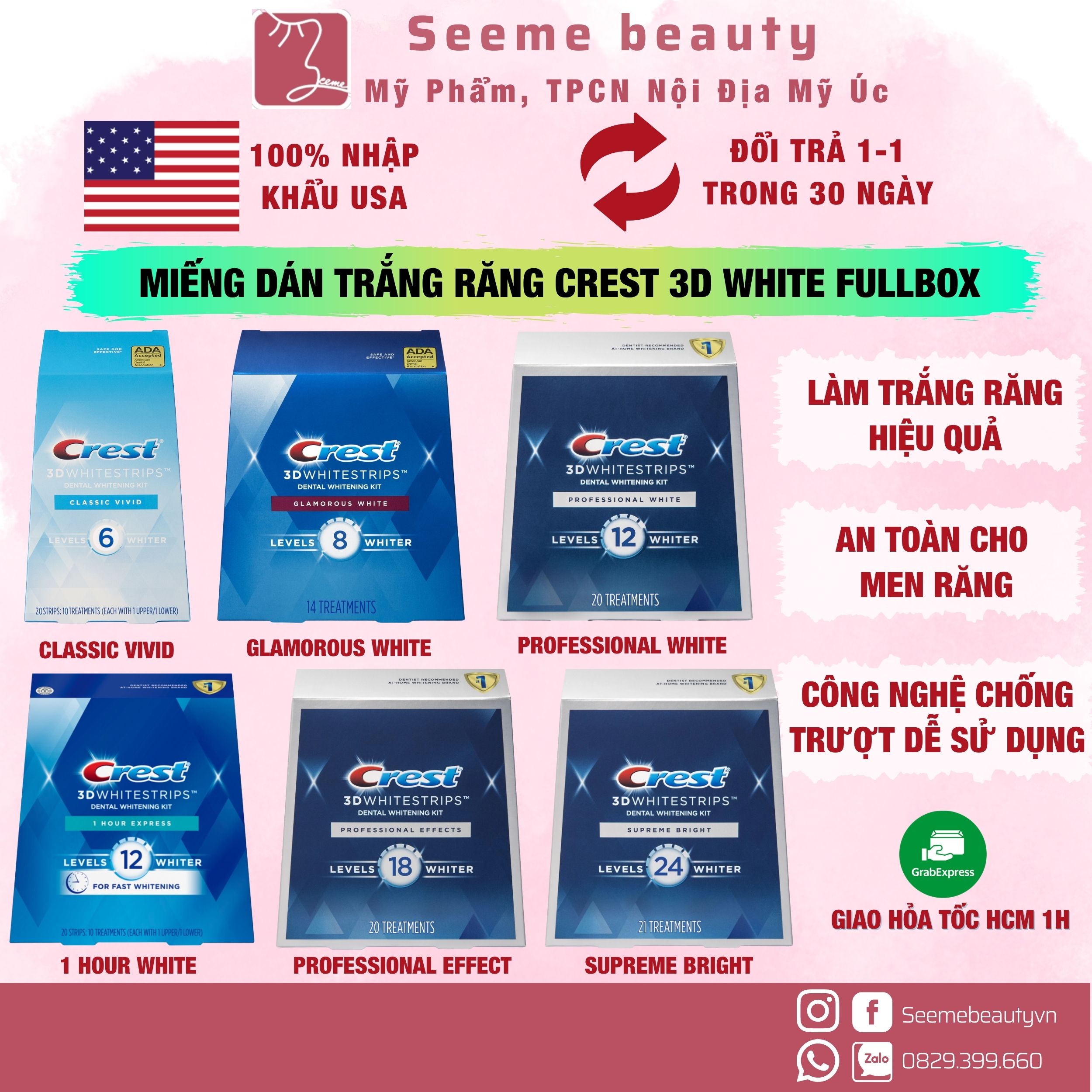 [HOÀN TIỀN 15%] [FULLBOX] Miếng Dán Trắng Răng CREST Professional Effects/ Supreme Flexfit/ Glamorous/ 1Hour/ Charcoal [SeeMe beauty]