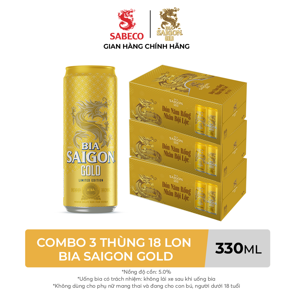 Nồng Độ Cồn 5.0% - Combo 3 Thùng 18 Lon Bia Sài Gòn Gold 330ml