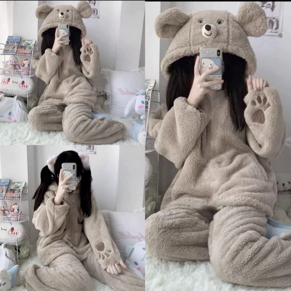 Bộ ngủ lông cừu thêu chân gấu nâu dễ thương chất mượt mà ấm áp form rộng, Áo khoác lông mũ tai gấu, quần lông nữ, Sét đồ bộ mặc nhà pyjama dài tay đồ BỘ mặc nhà mùa đong ấm áp hàn quốc, PHUONGMART