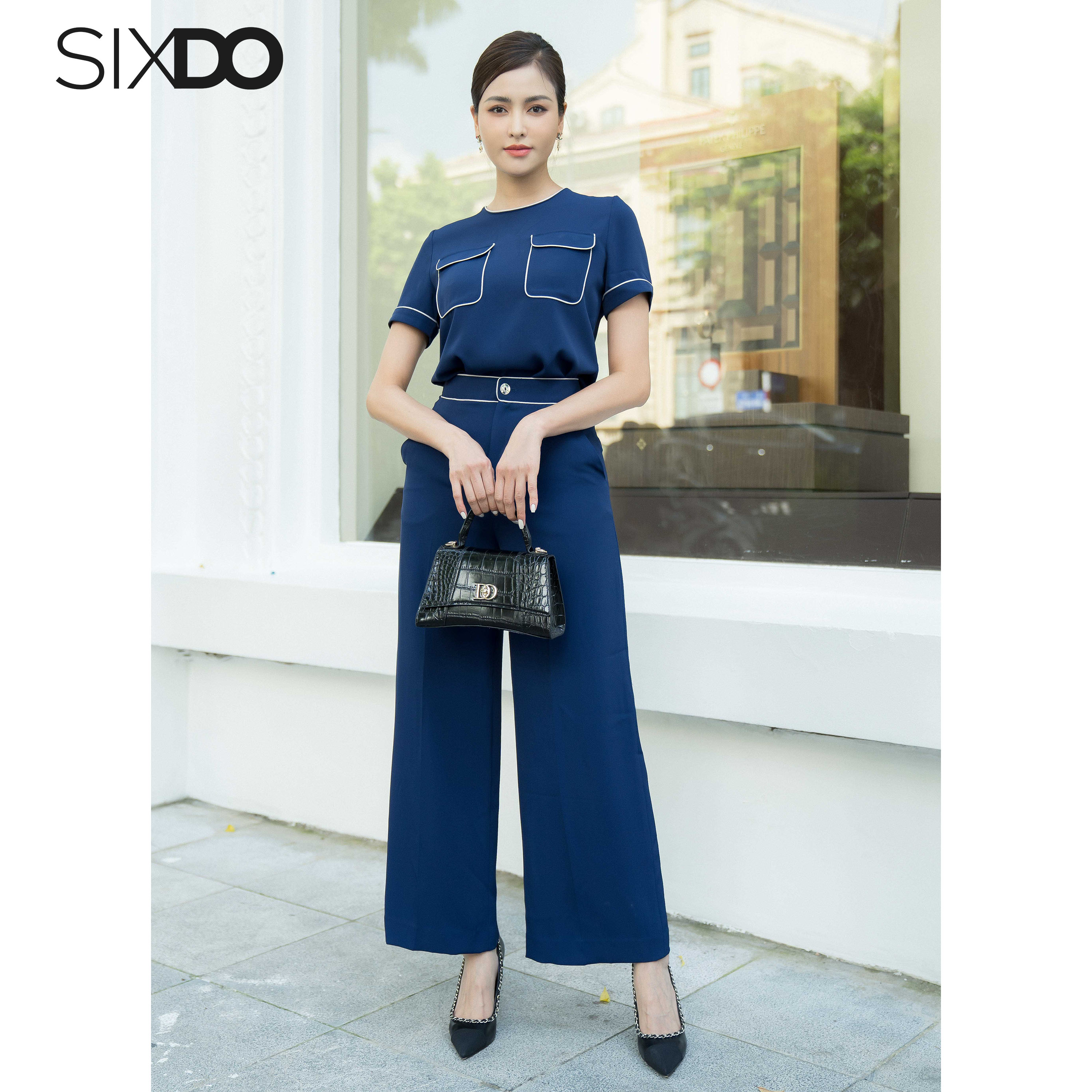 Áo lụa kiêu nữ ngắn tay phối viền trắng SIXDO (Short Sleeves Silk Top)