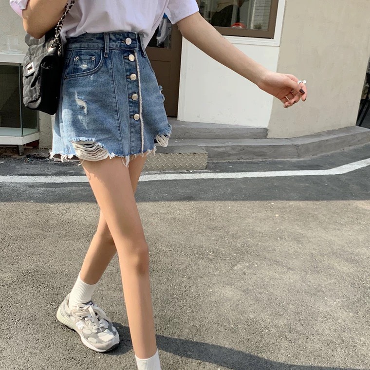 Chân Váy Jeans Rách Nữ Dáng Chữ A 🦋 Váy Bò Nữ Cạp Cao Hàng Cúc Giữa Dáng Ngắn Fullsize 🦋