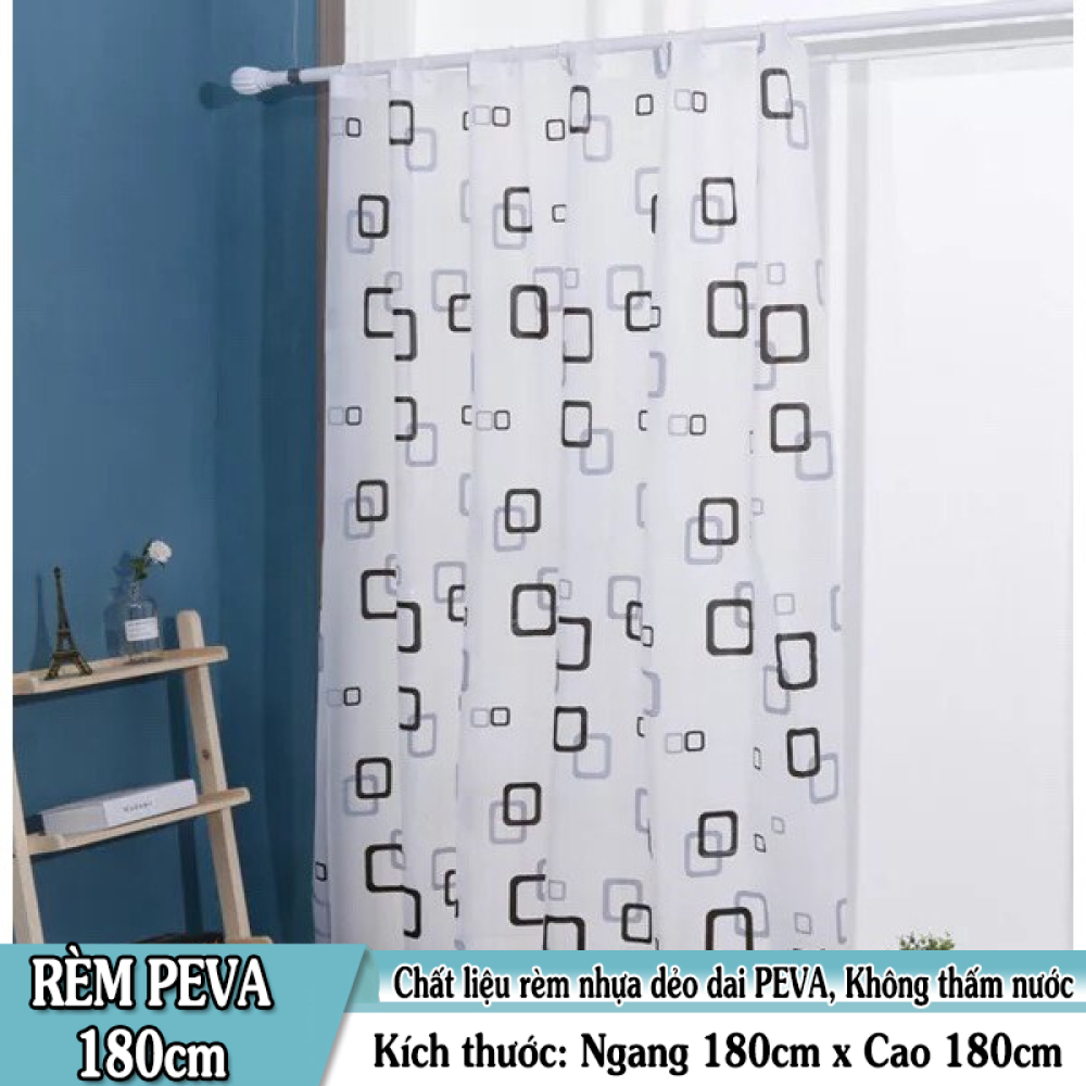 [HCM]Rèm Phòng Tắm / Rèm Cửa Sổ Trắng Họa Tiết Ô Vuông Xanh Và Đen 180cm X 180cm Loại 1
