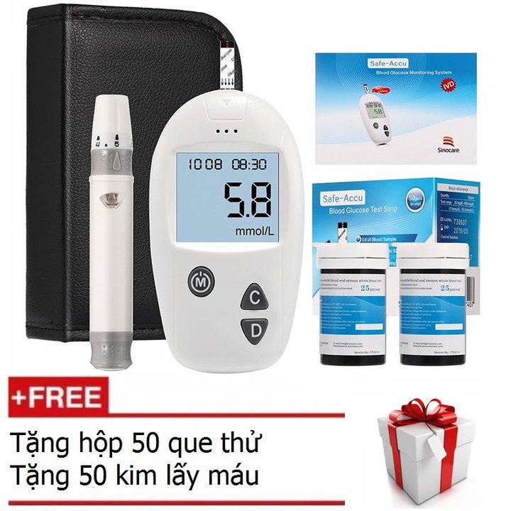 Bộ máy đo đường huyết Sinocare Safe Accu tặng 1 hộp 50 que thử và hộp 50