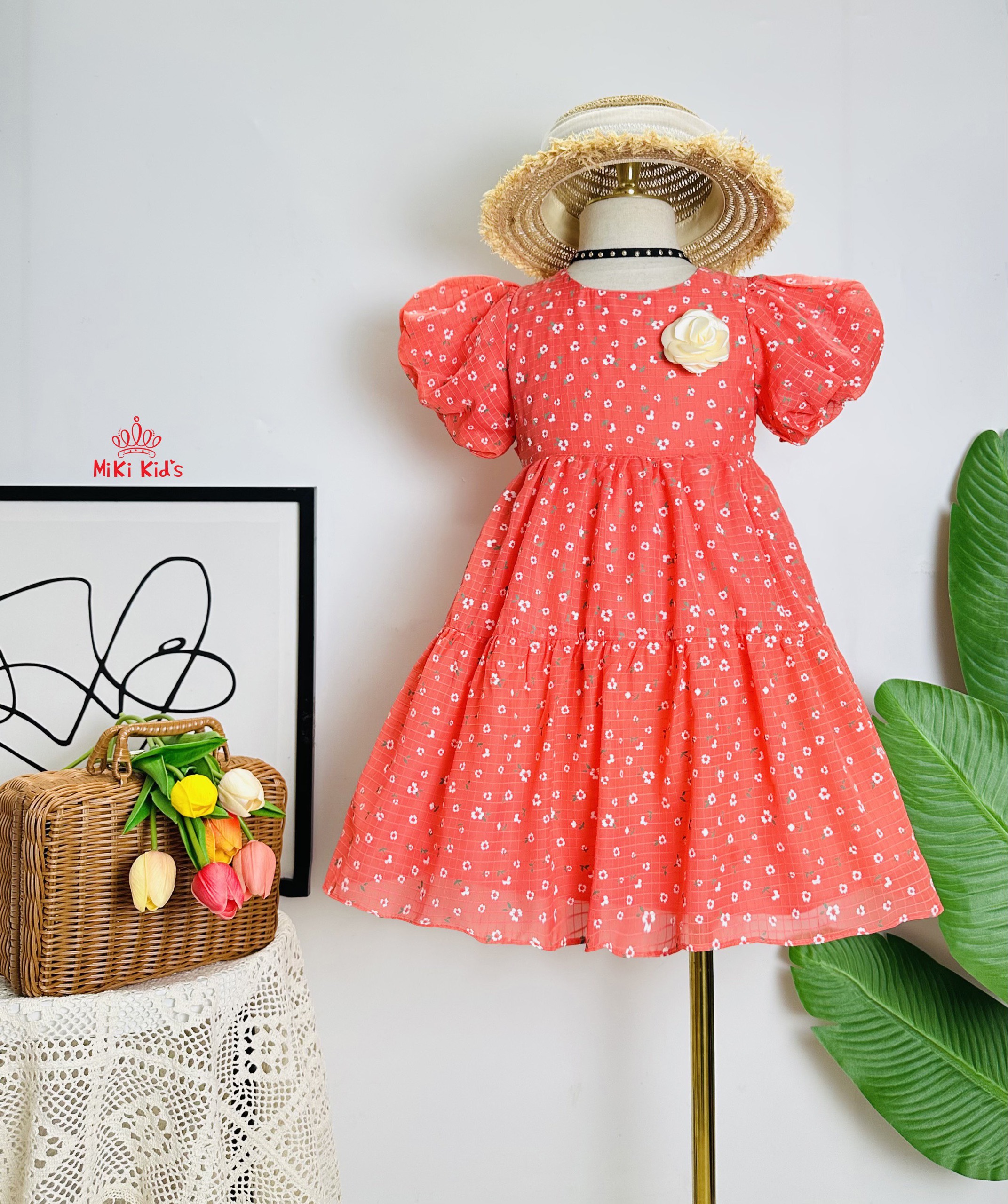 Đầm voan tơ kẻ ô hoa nhí tay phồng bí
