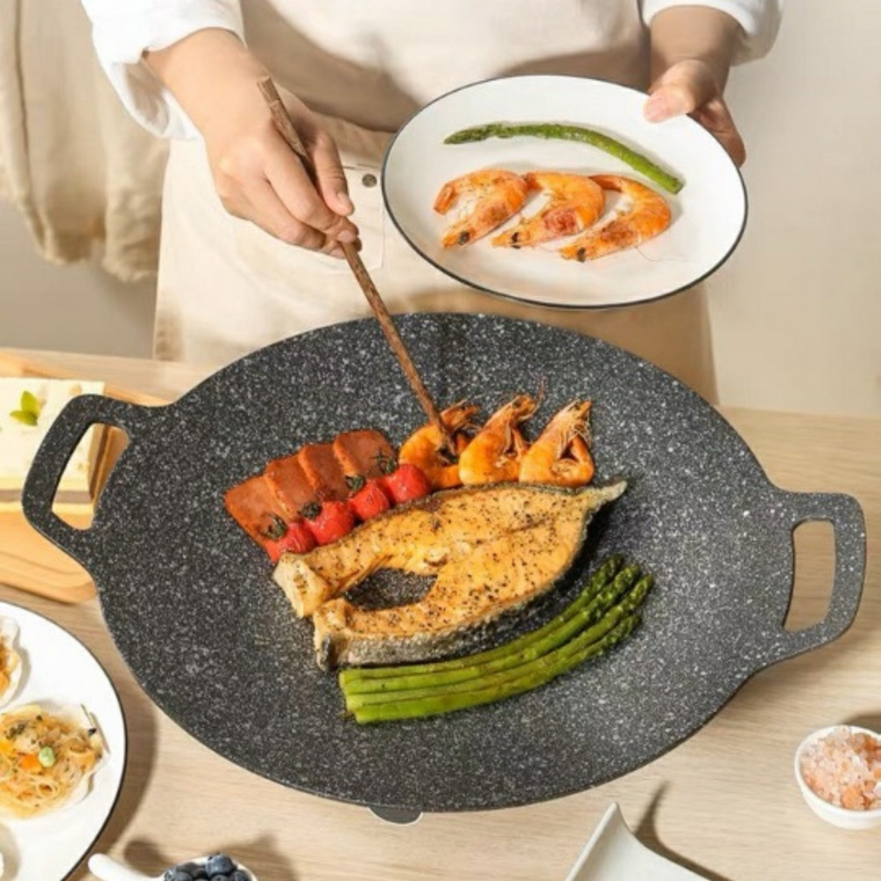 CHẢO ĐÁ NƯỚNG THỊT VÂN ĐÁ CHỐNG DÍNH CAO CẤP SIZE 33CM - CHẢO NƯỚNG TIỆC BBQ DÃ NGOẠI GIA ĐÌNH