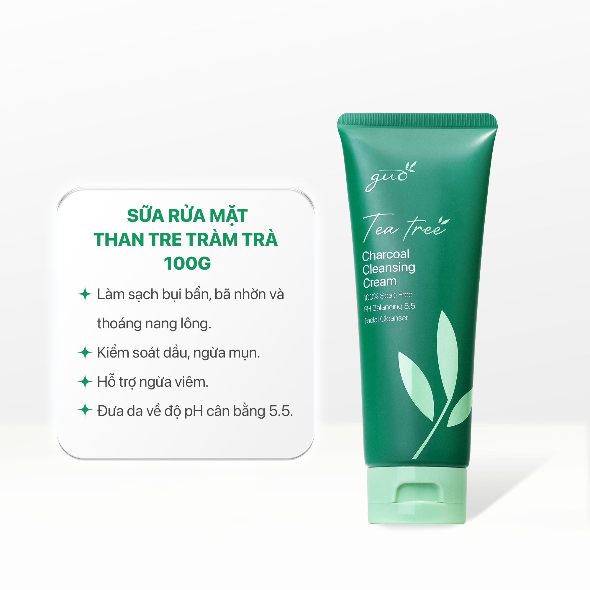 [Kiềm dầu 8 tiếng, ngừa mụn, không khô da] Sữa Rửa Mặt Than Tre Tràm Trà GUO 100gr