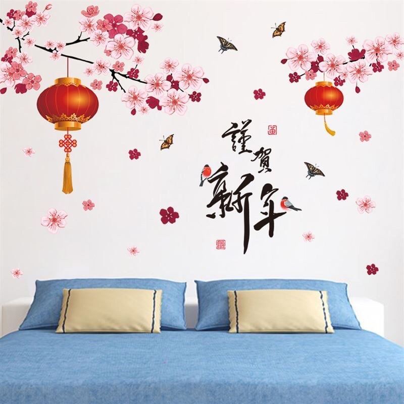 Decal dán tường, dán kính cành đào và đèn lồng