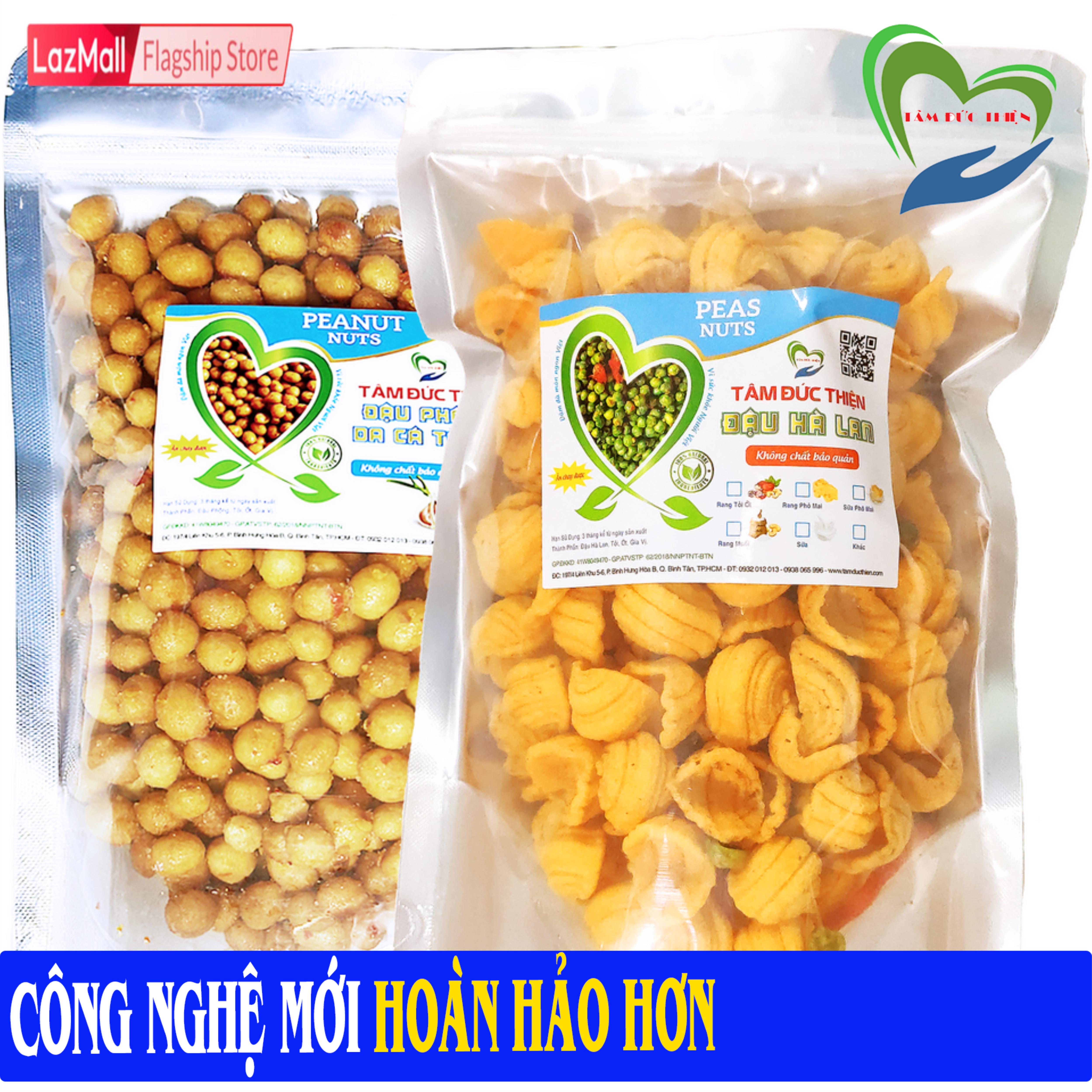 Combo 2 Túi: Đậu Phộng Da Cá Rang Tỏi Ớt 500GR và Bánh Vỏ Sò Đậu Hà Lan 205GR Tâm Đức Thiện Thực Phẩm Đóng Gói Đóng Hộp Ăn Liền đồ ăn vặt Lazada bánh kẹo quà Tết