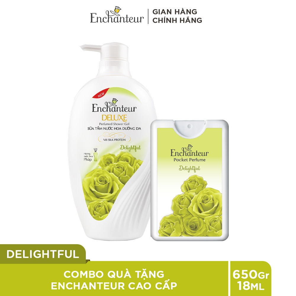 Combo quà tặng Enchanteur cao cấp (Sữa tắm Delightful 650gr, Nước hoa bỏ túi Enchanteur Delightful 18ml/hộp)