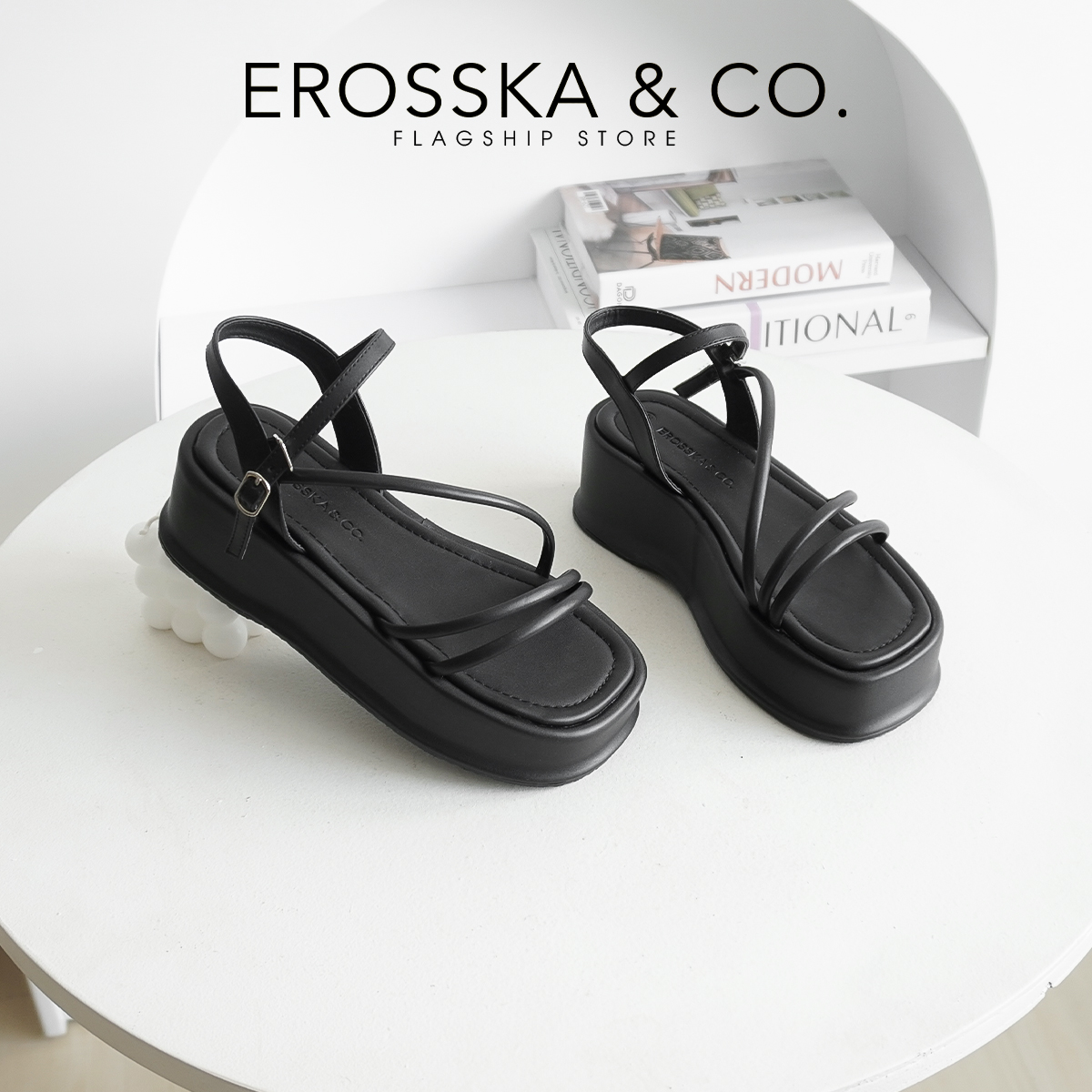 Erosska - Giày sandal nữ đế xuồng phối dây quai mảnh kiểu dáng basic cao 6cm màu đen - SB015