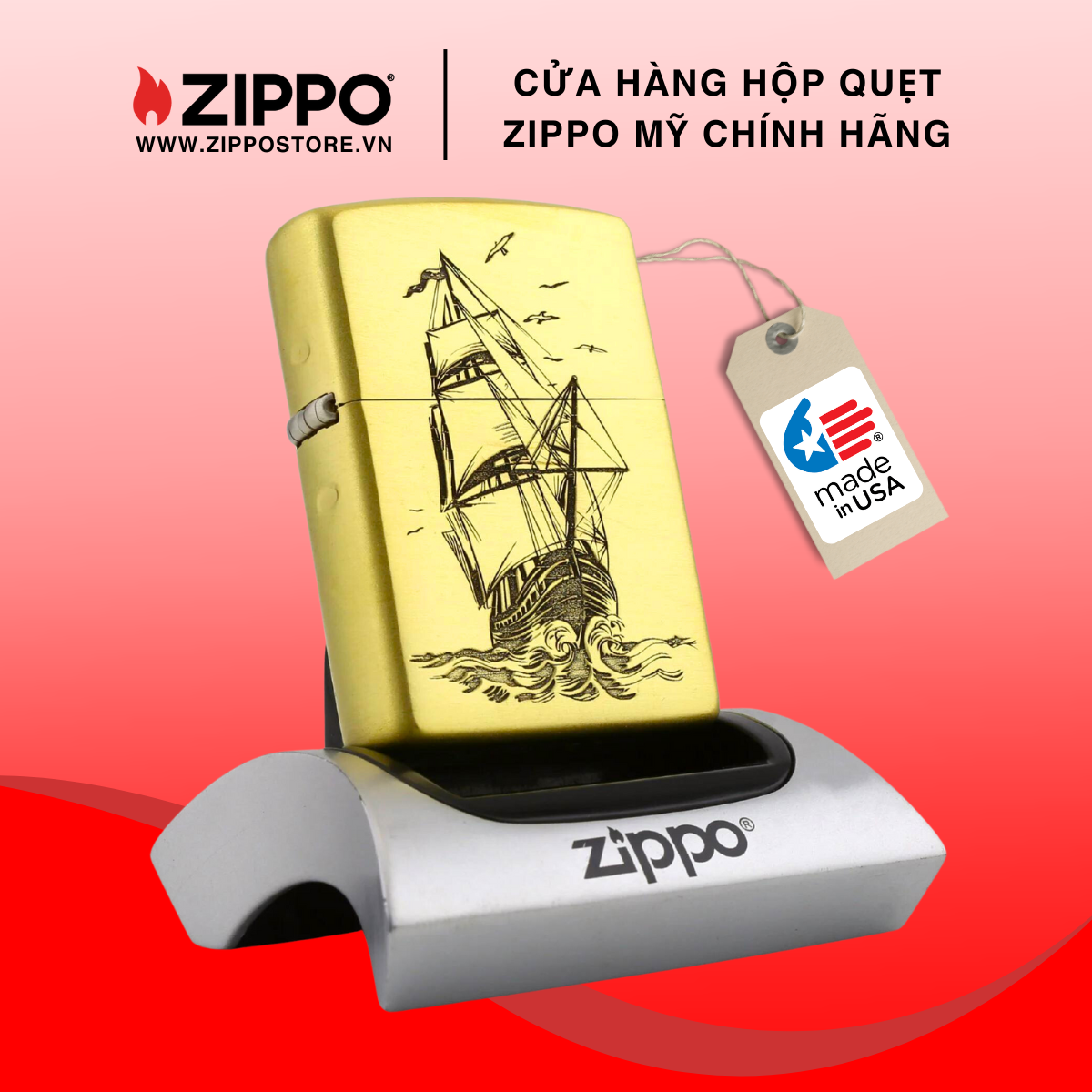 Zippo thuận buồm xuôi gió đồng vàng khối phong thủy vỏ dày | chính hãng made in usa