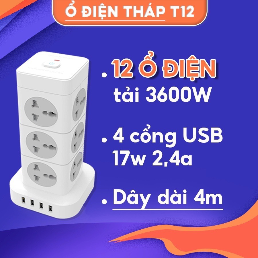 Ổ Cắm Điện Đa Năng T8 / T12 SHOPTIDA Ổ Điện Hình Tháp Nhiều Lỗ Cắm Chịu Tải Cao 3600W Kèm 4 cổng USB Công Suất Tổng 17W Chất Liệu Nhựa An Toàn Chống Cháy, Các Lỗ Cắm Có Thanh Gạt Chống Giật, Dây Dài 3 Đến 4m