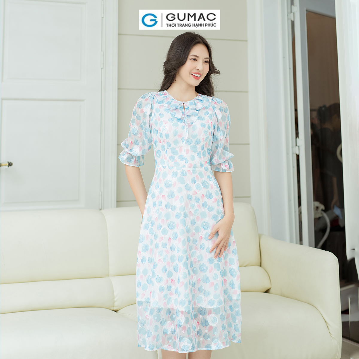 Đầm dáng a gumac dd08027 cổ phối bèo, tay lửng kiểu phồng
