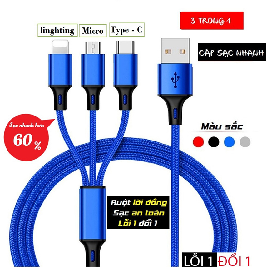 Cáp Sạc 3 trong 1 Micro USB Type C cho Huawei Xiaomi iPhone