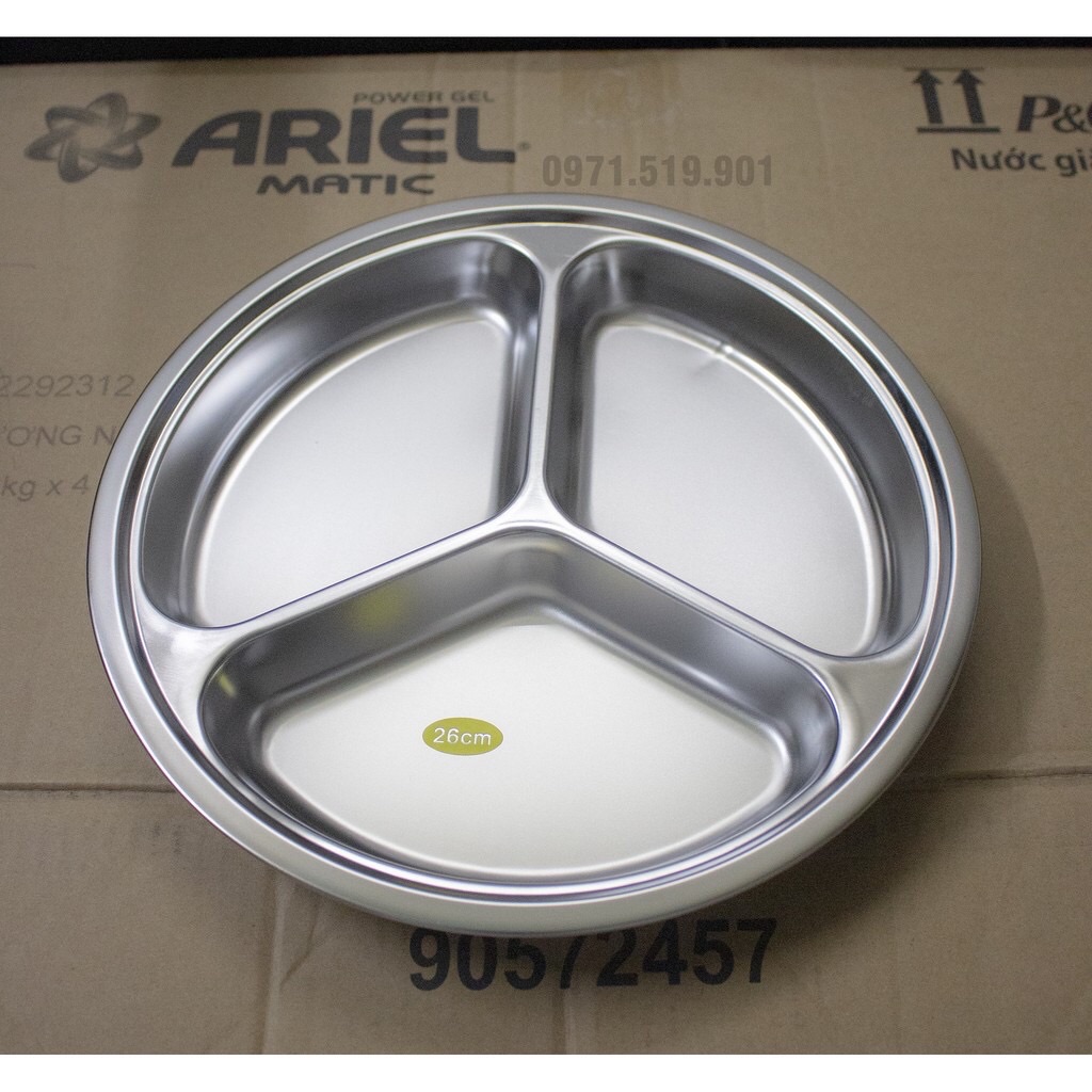 [HCM]Khay cơm phần inox tròn chia 3 ngăn 26cm