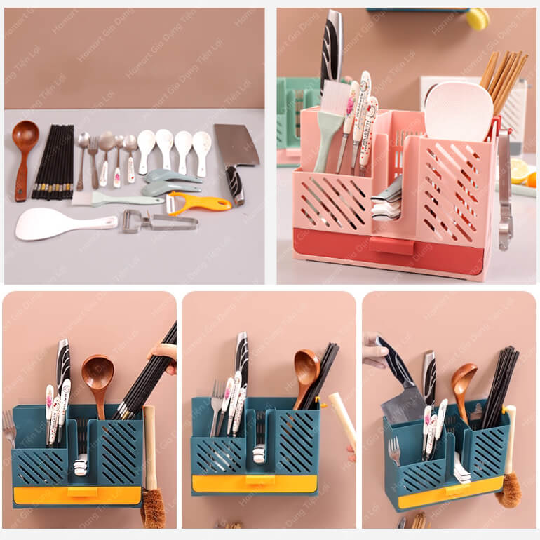 Wall-Mounted Chopsticks and Spoon Box with Lid and 3 Hooks Drainage Tray  Anti-Dirt Ecoco Super Adhesive Stickers