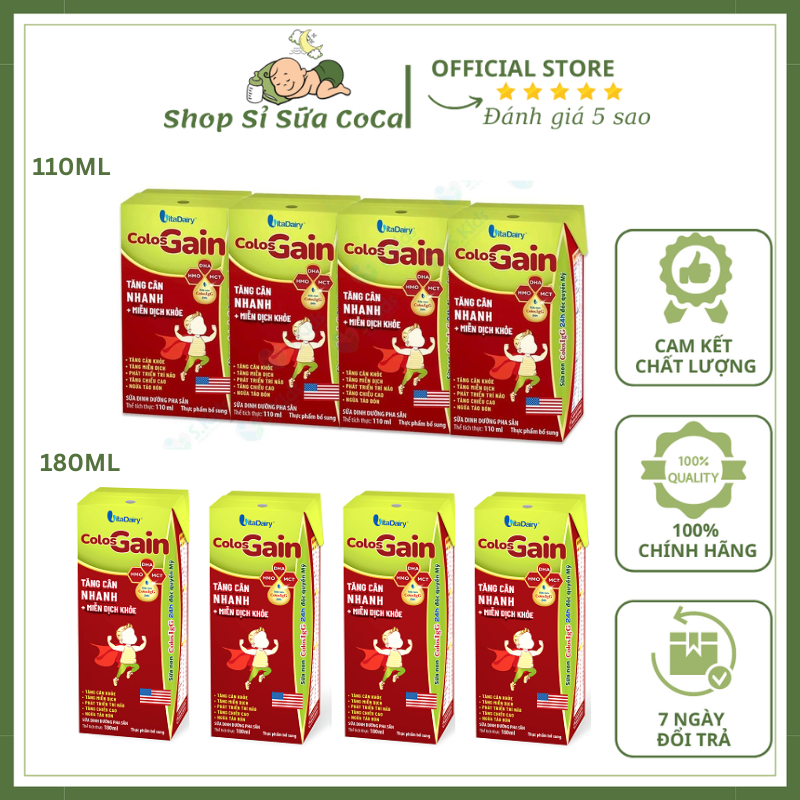 Thùng 48 hộp sữa bột pha sẵn Colos Gain 110ml/180ml - Sữa uống dinh dưỡng hỗ trợ tăng cân và phát triển chiều cao cho bé (Date mới nhất)