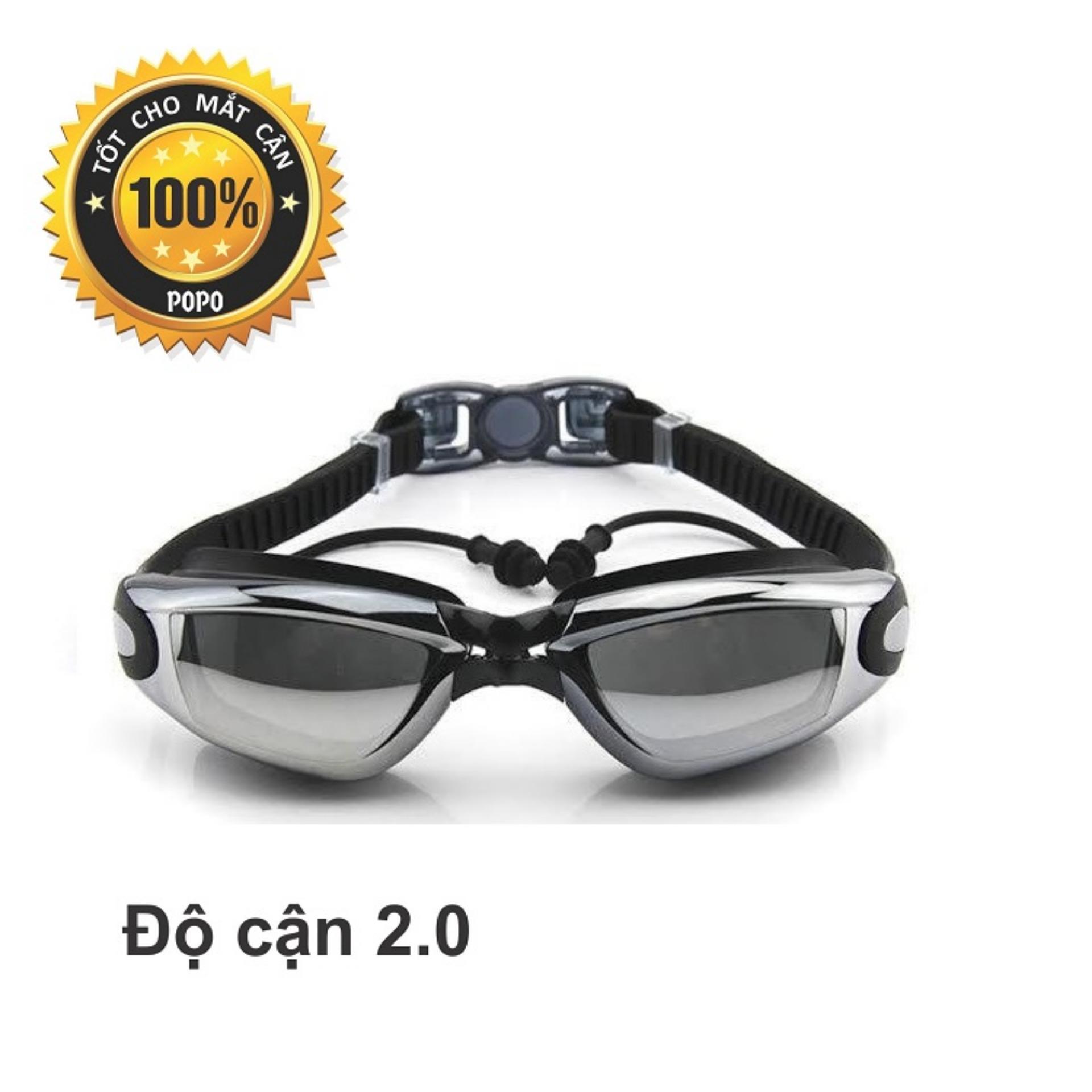 Kính bơi cận 1940 Đen độ cận 2.0 độ có gắn nút bịt tai ngăn nước; mắt kính chống tia UV, kiểu dáng thời trang
