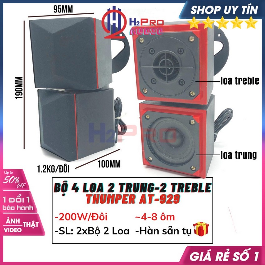 Bộ 4 Loa 2 Trung-2 Treble Thumper At-929 Cao Cấp-200W-8 Ôm-Lời Sáng-Treble Đanh, Loa Nâng Tiếng Treble-Mid-Tặng Tụ 30K,Hàn Sẵn Trong Loa-H2pro Audio