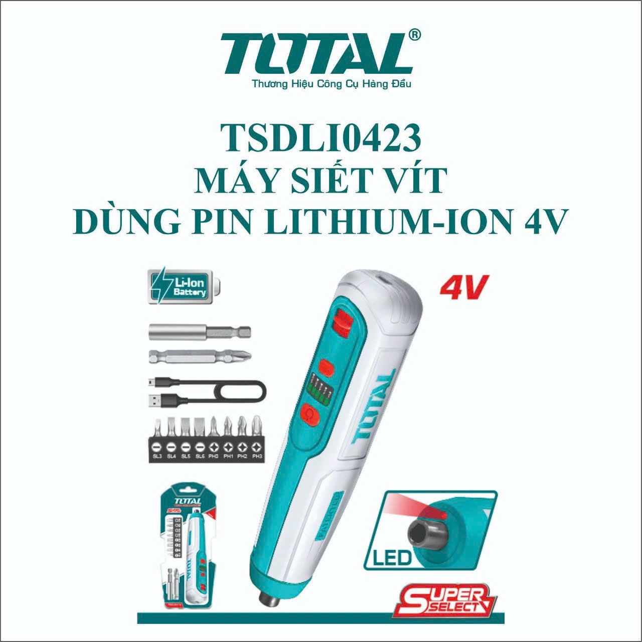 Máy siết vít dùng pin lithium-ion 4v totaltsdli0423 - chính hãng - siêu thị đồ nghề