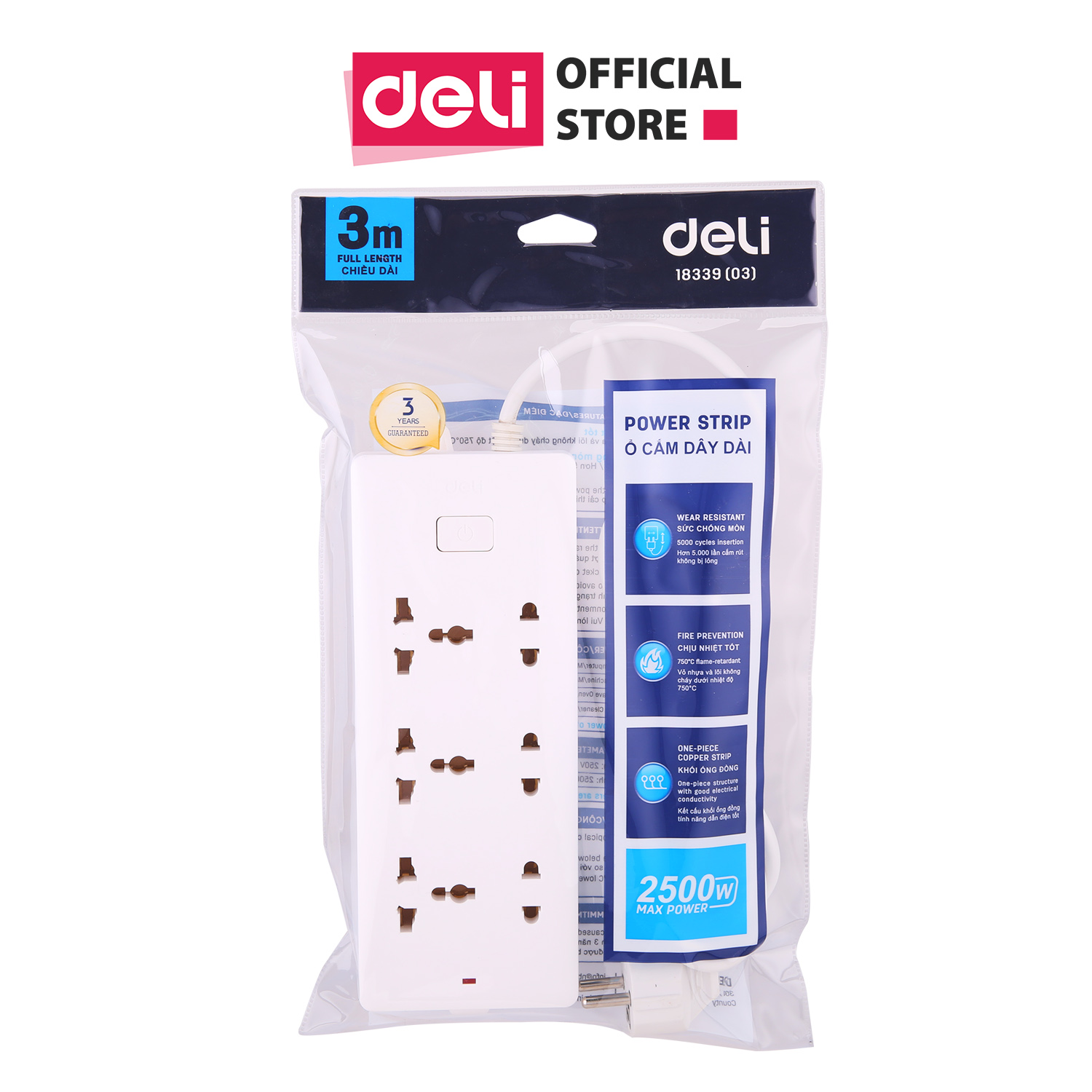 Ổ cắm điện Deli - dây 2m/3m/5m - 1 chiếc - E18339(02)/ E18339(03)/ E18339(05)