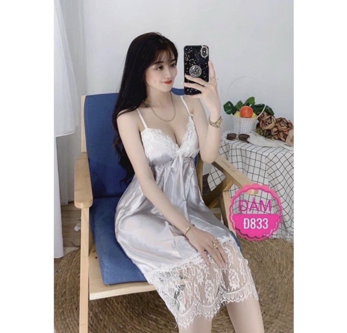 Đầm ngủ mặc nhà ren trắng vải phi bóng sexy,freesize dưới 56kg