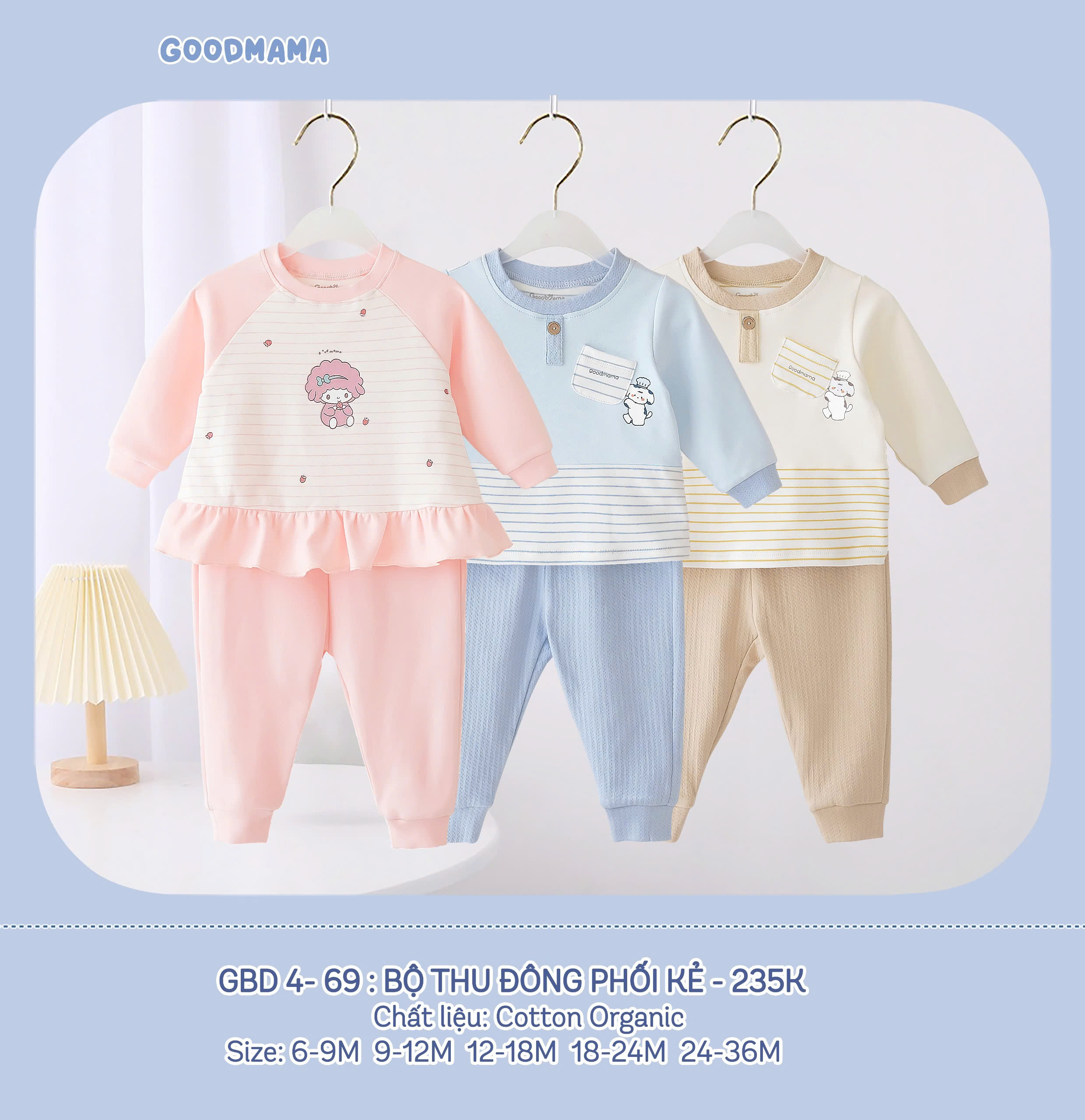 Bộ quần áo dài tay thu đông phối kẻ họa tiết trẻ em GBD 4-69 họa tiết trẻ em Good Mama