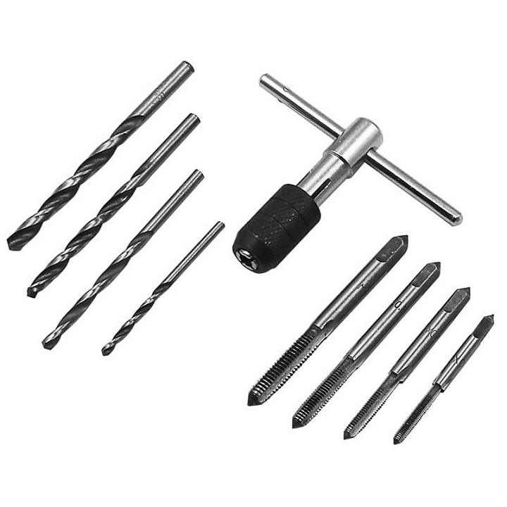 [ BỘ 9 MÓN] TAY QUAY ĐẦU KẸP KÈM 4 MŨI TARO M3-M6 VÀ 4 MŨI KHOAN NHỎ 2.5mm-5.0mm - TH 423