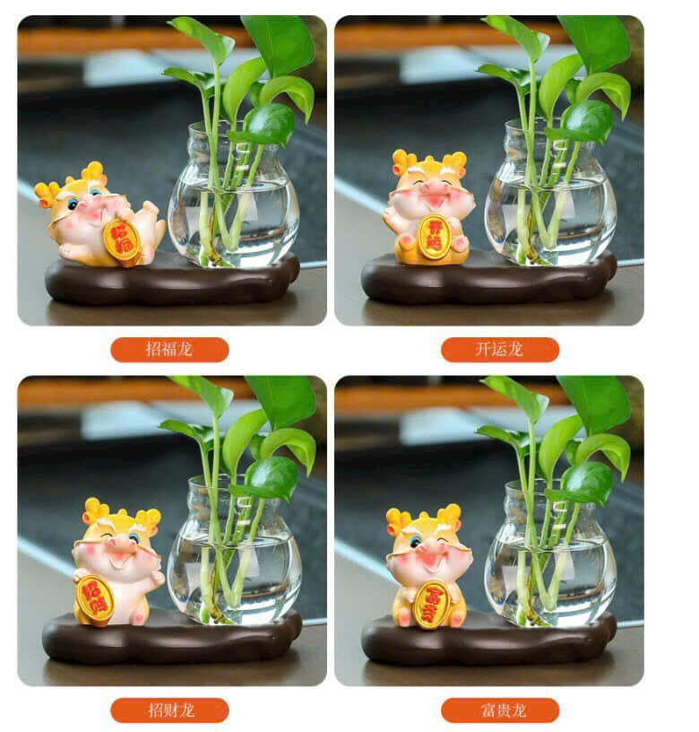 Chậu trồng cây thủy sinh mini để bàn, Chậu thủy tinh rồng may mắn, rồng thần tài