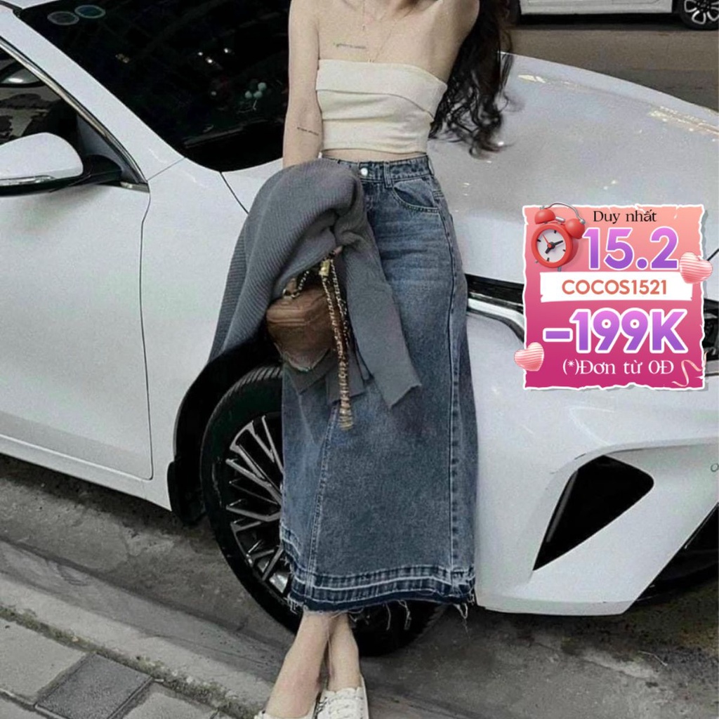 Chân váy jean cạp cao dài qua gối chân váy dài tua gấu phong cách_a25