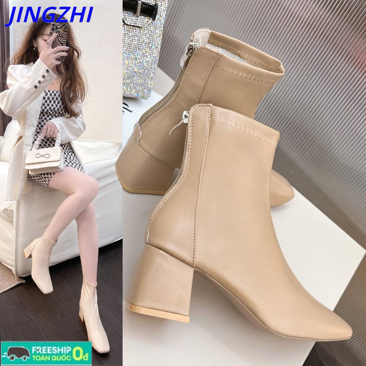 mingsheng giày cao gótGiày Bốt Cổ Ngắn Mũi Vuông EASY RUB Giày Bốt Co Giãn Gót Dày Phong Cách Instagram Mùa Thu Và Mùa Đông Mới Giày Bốt Martin Phong Cách Anh