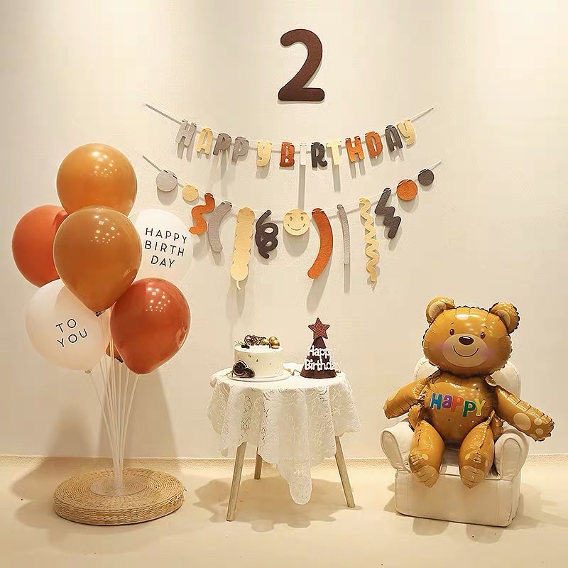 Set trang trí phụ kiện sinh nhật , dây cờ nỉ happy birthday , set bóng nâu gam màu hàn quốc