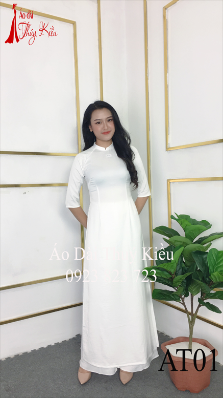 Áo dài Thúy Kiều trơn lụa Tây Thi cổ tàu màu trắng AT01