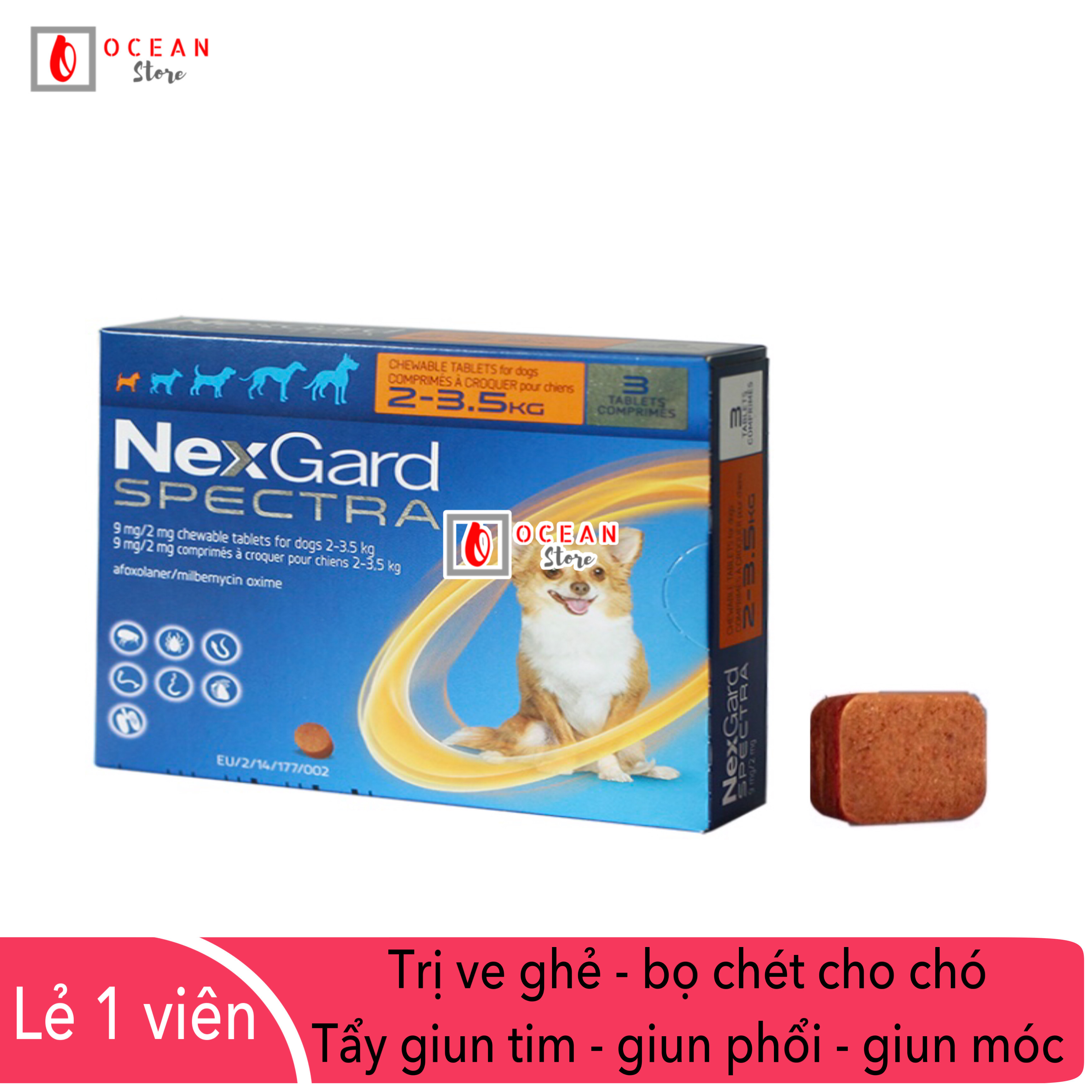 Thuốc trị ve ghẻ, bọ chét, demodex, tẩy giun cho chó - 1 viên Nexgard Spectra cho chó 2-3,5kg (1 tablet 2-3,5kg - No Box)