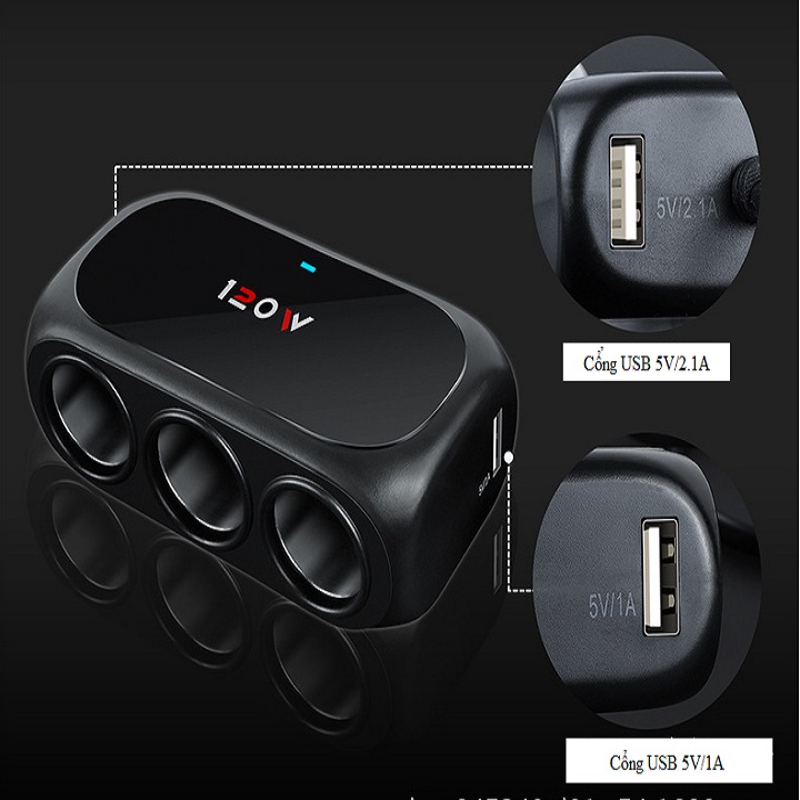 Bộ chia tẩu sạc ô tô, xe hơi gồm 3 cổng tẩu và 2 cổng usb công suất lớn