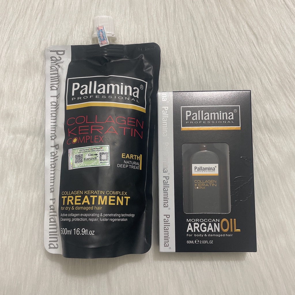 Bộ dầu gội xả hấp dưỡng Pallamina Collagen Keratin phục hồi siêu mượt tóc 500ml và 60ml tinh dầu