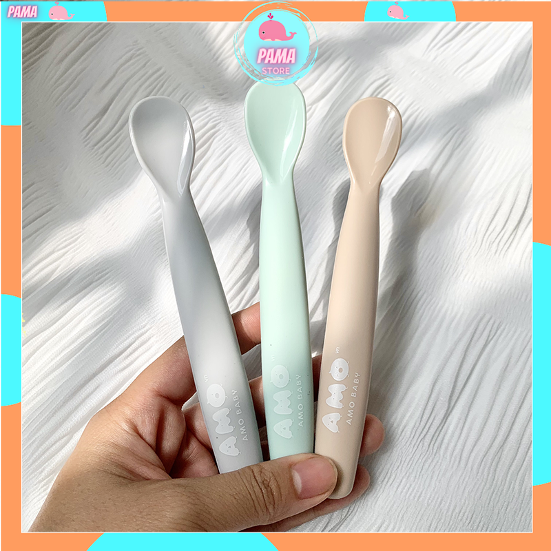 Set 2 muỗng silicon nguyên khối AMO BABY cho bé ăn dặm tặng hộp đựng cao