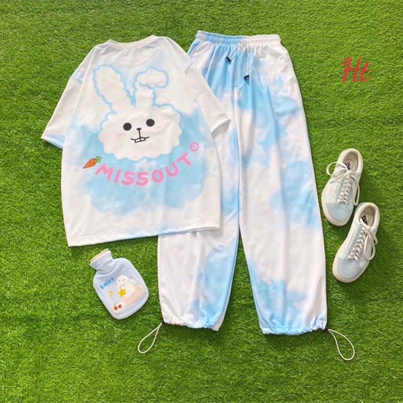 [FREESHIP] bộ thun loang màu xanh trắng áo tay lỡ quần jogger dây rút gấu in thỏ trắng MISS ht