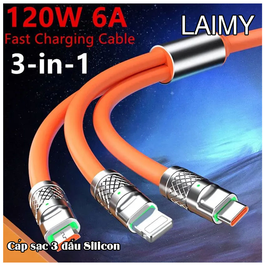 Cáp sạc 3 đầu silicon dùng cho Iphone lightning, type-C, micro - LAIMY