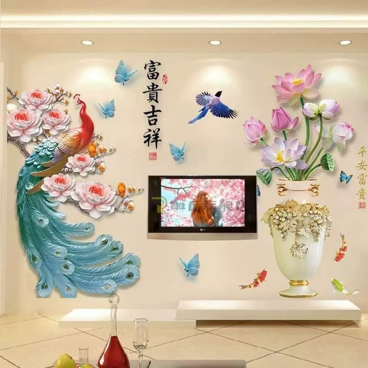 DECAL DÁN TƯỜNG TẾT CHIM CÔNG VÀ BÌNH HOA PHONG THỦY 5