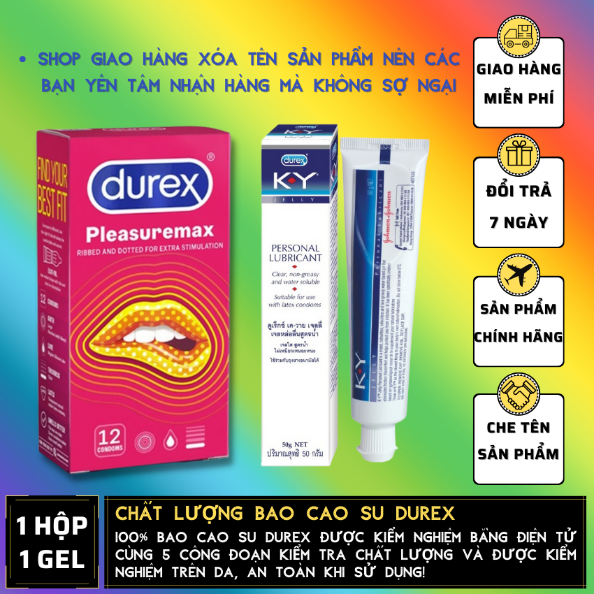 Bao Cao Su Durex Bao cao su Durex Pleasuremax gân gai 12s - Gel bôi trơn Durex KY 50G  Che tên sản phẩm