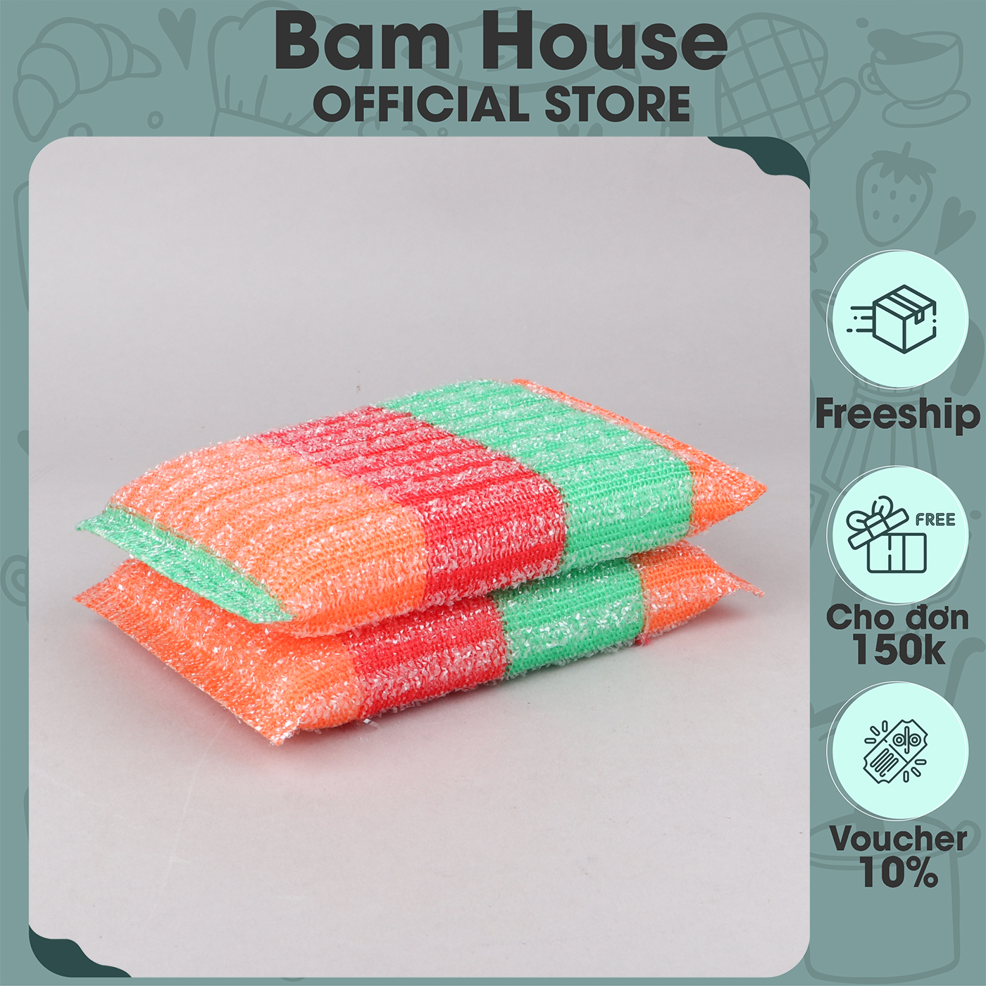 Combo 2 Cước rửa chén Bam House cam đỏ siêu dày lõi mút kháng khuẩn cao