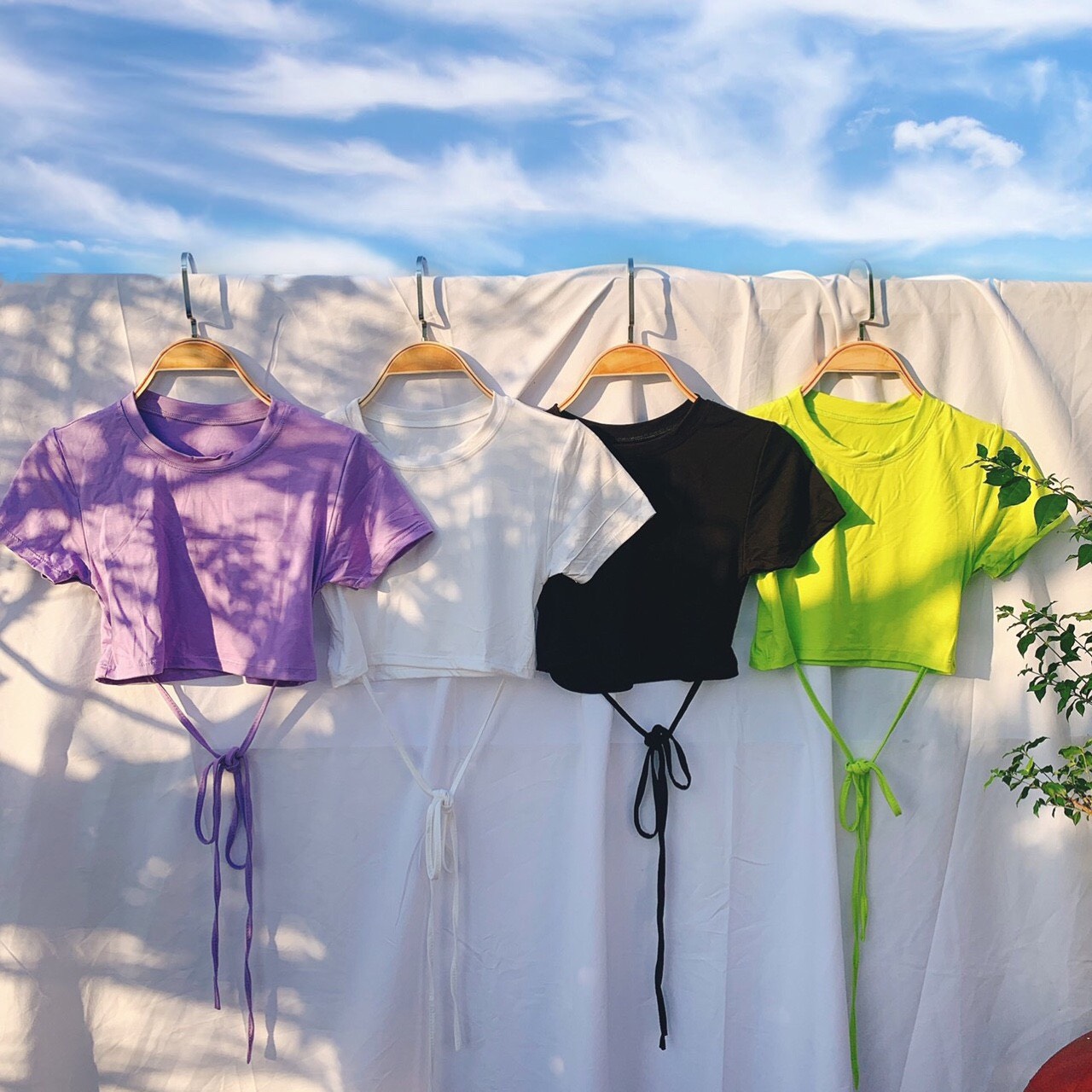 áo croptop cổ tròn trơn buộc dây eo xinh ảnh thật