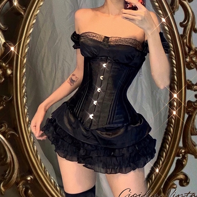 Black Swan Set - Black Swan Dress mix Corset Underbust Ultra Skinny Vest (Cicilia Vintage True Feedback)
