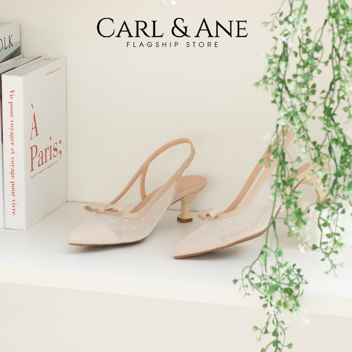 Carl & Ane - Giày cao gót mũi nhọn phối dây lưới thời trang công sở cao 5cm màu nude - CL030