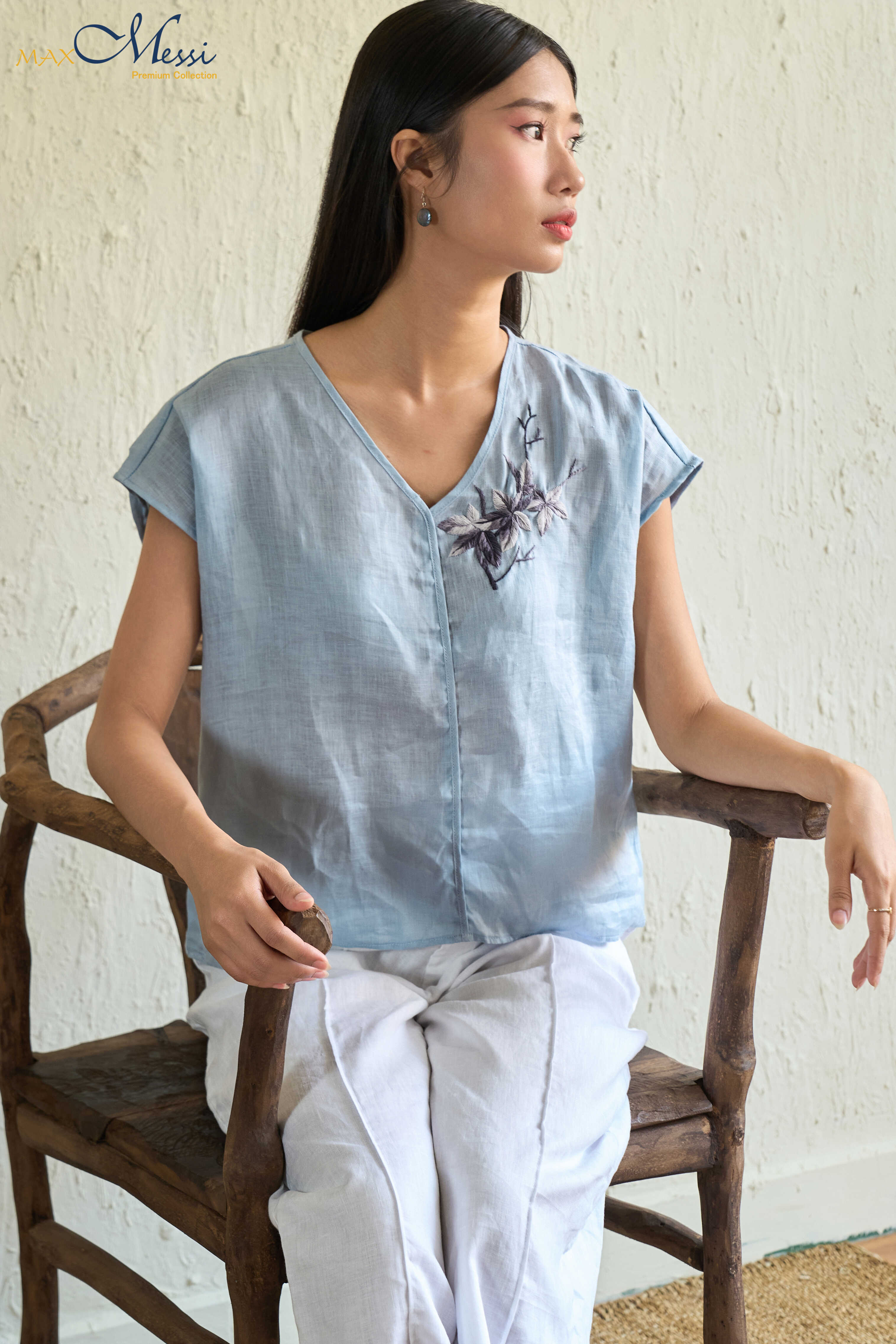 Áo top linen vai đỗ thêu tay CARA- MaxMessi