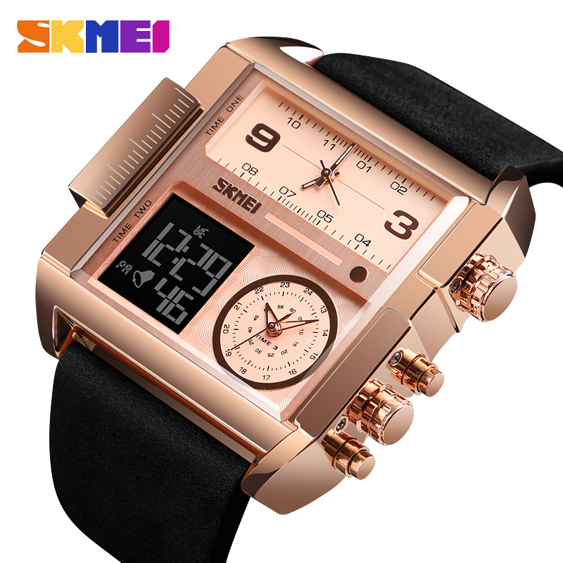 SKMEI New Men Fashion Watches Sports Military Watches Leather Quartz Waterproof Digital Wristwatches Male Clock 1391